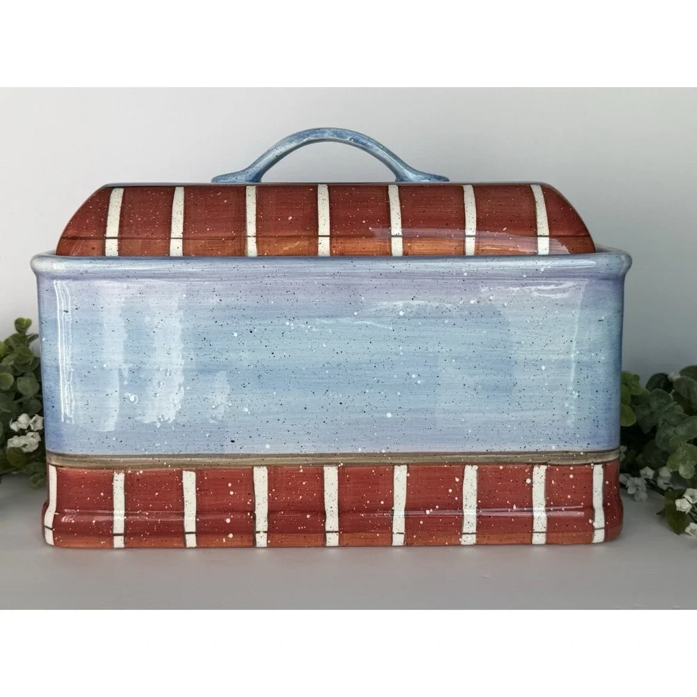 RARE Dept 56 Ceramic Floral Lidded Bread Box/Planter/Decor Country Cottage Blue